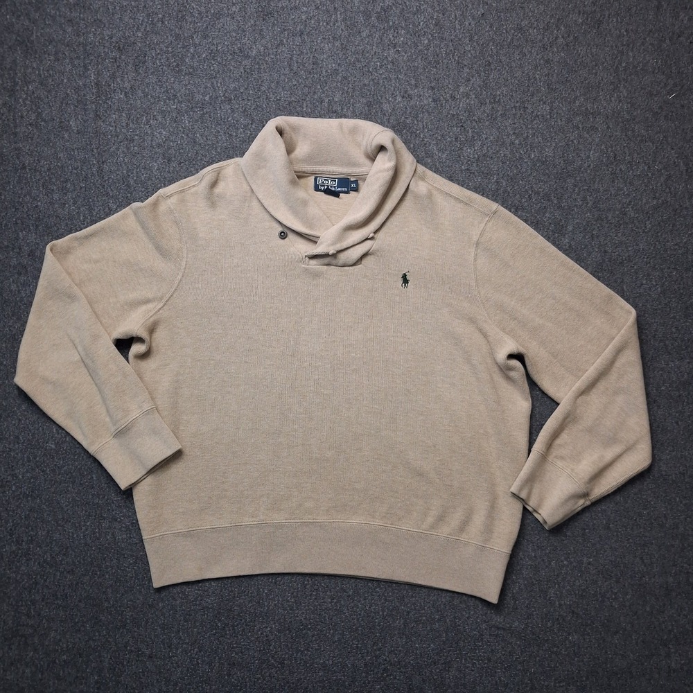 Polo Ralph Lauren Mens Sweater‎ Size XL Shawl Neck Pullover Tan Beige Preppy